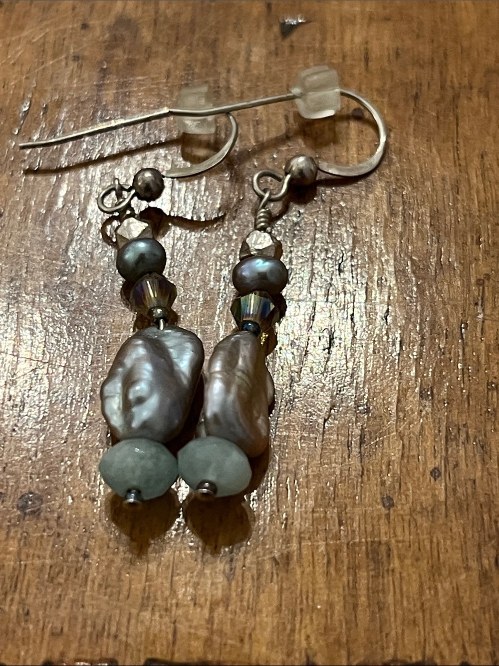 Vintage Boho Baroque Grey Pearl & Crystal Drop Earrings 925 Sterling Silver Hook